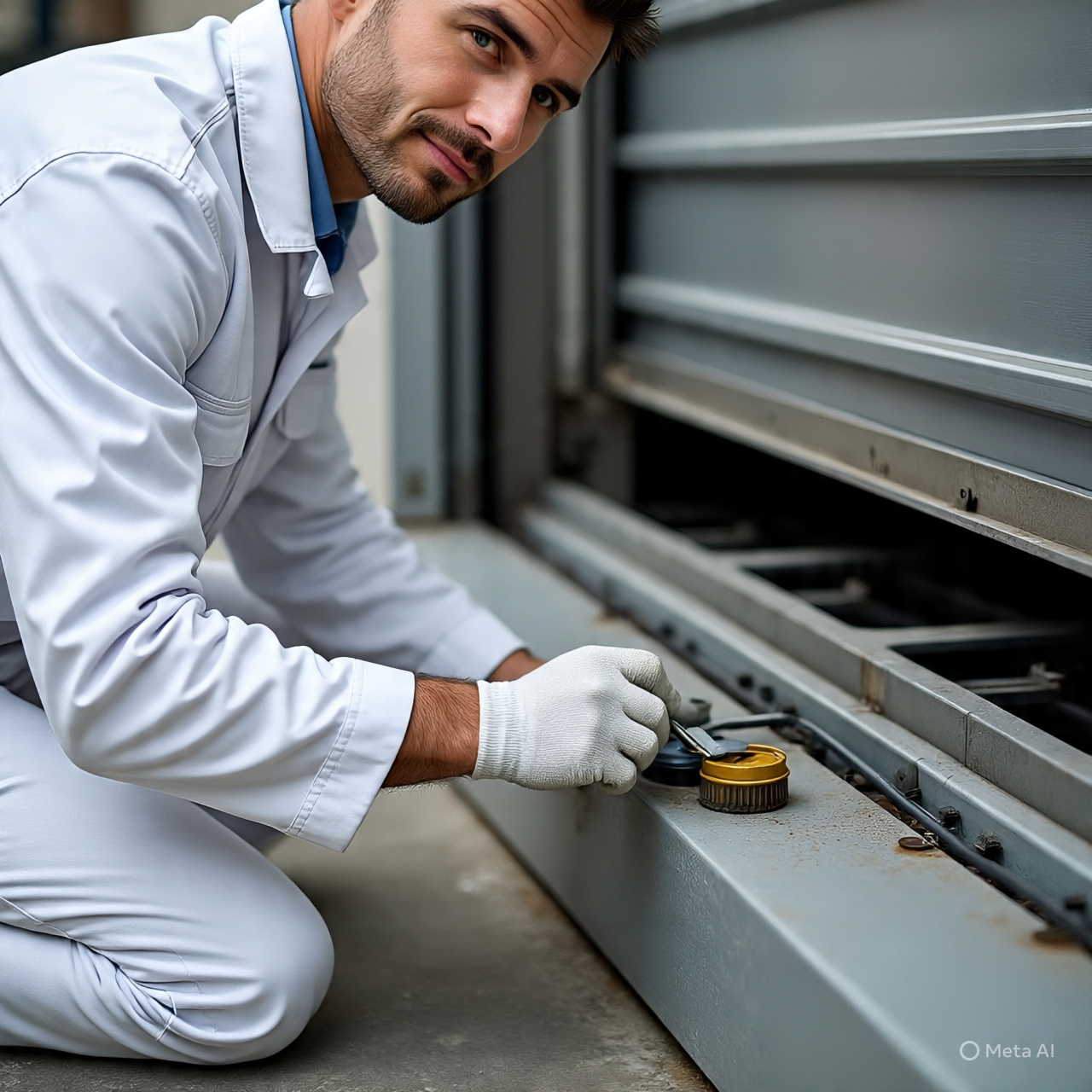 Technician servicing an automatic garage door in Dubai.