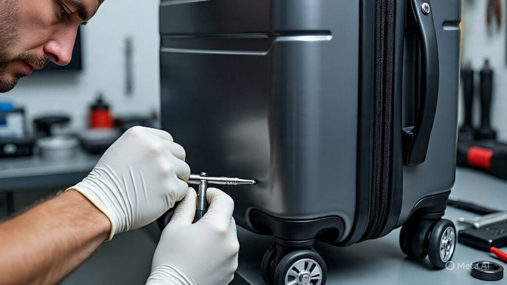 A technician performing a trolley bag wheel replacement in our Dubai workshop.