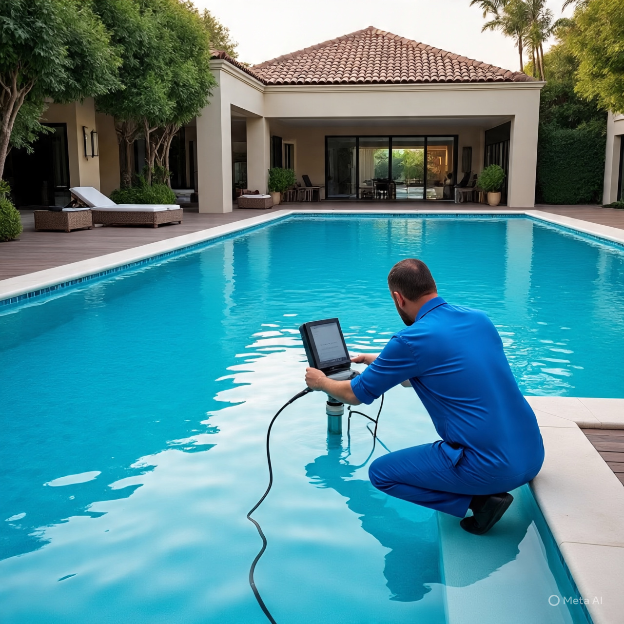 Technician performing swimming pool maintenance for an AMC in Dubai.