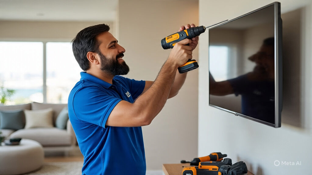 A professional handyman in Dubai providing TV mounting services.