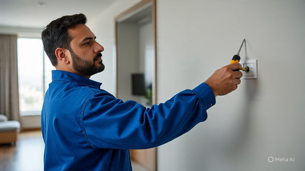 A certified electrician performing safe electrical services in a Dubai home.