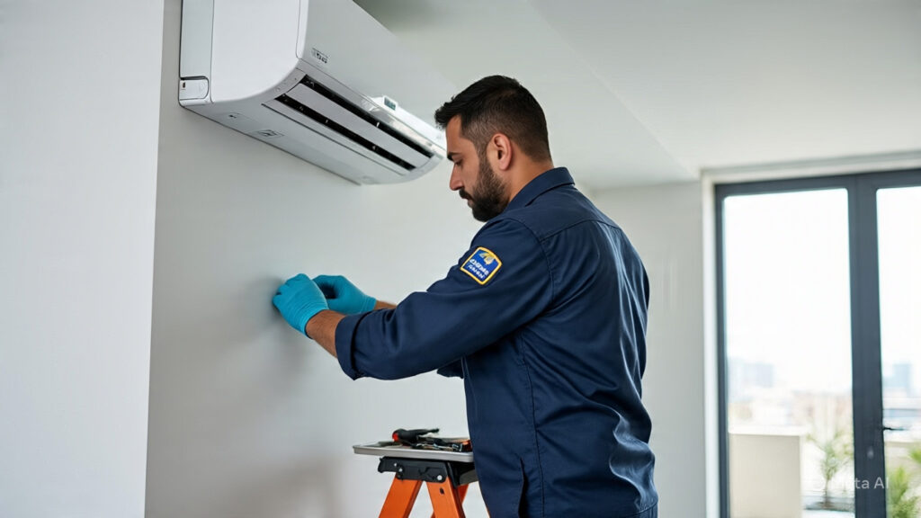 A certified technician performing AC maintenance and cleaning services in Dubai.