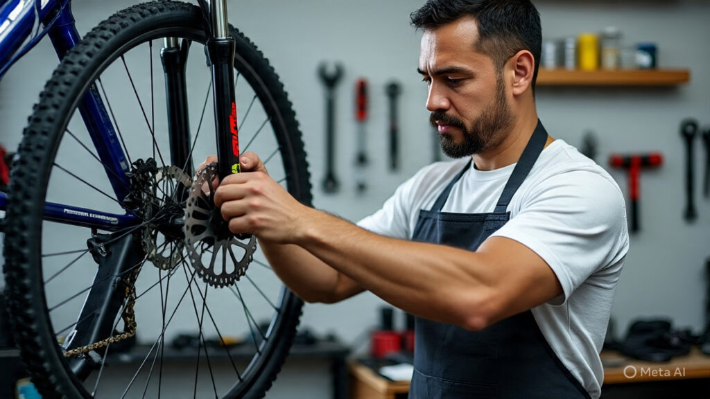 A professional technician performing a bicycle repair and gear tune-up in Dubai.