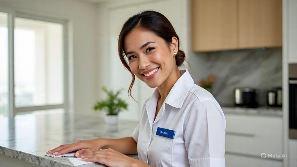 A professional cleaner providing residential cleaning services in a Dubai apartment.