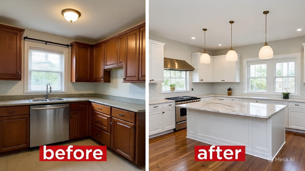 Before and after of a modern kitchen home renovation in Dubai.