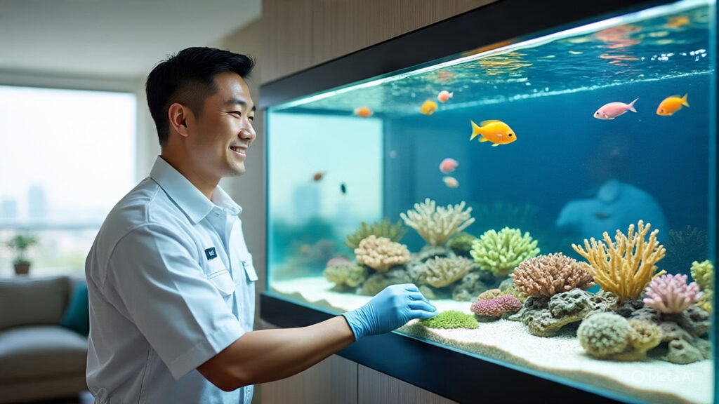 A professional technician providing aquarium cleaning services in Dubai.