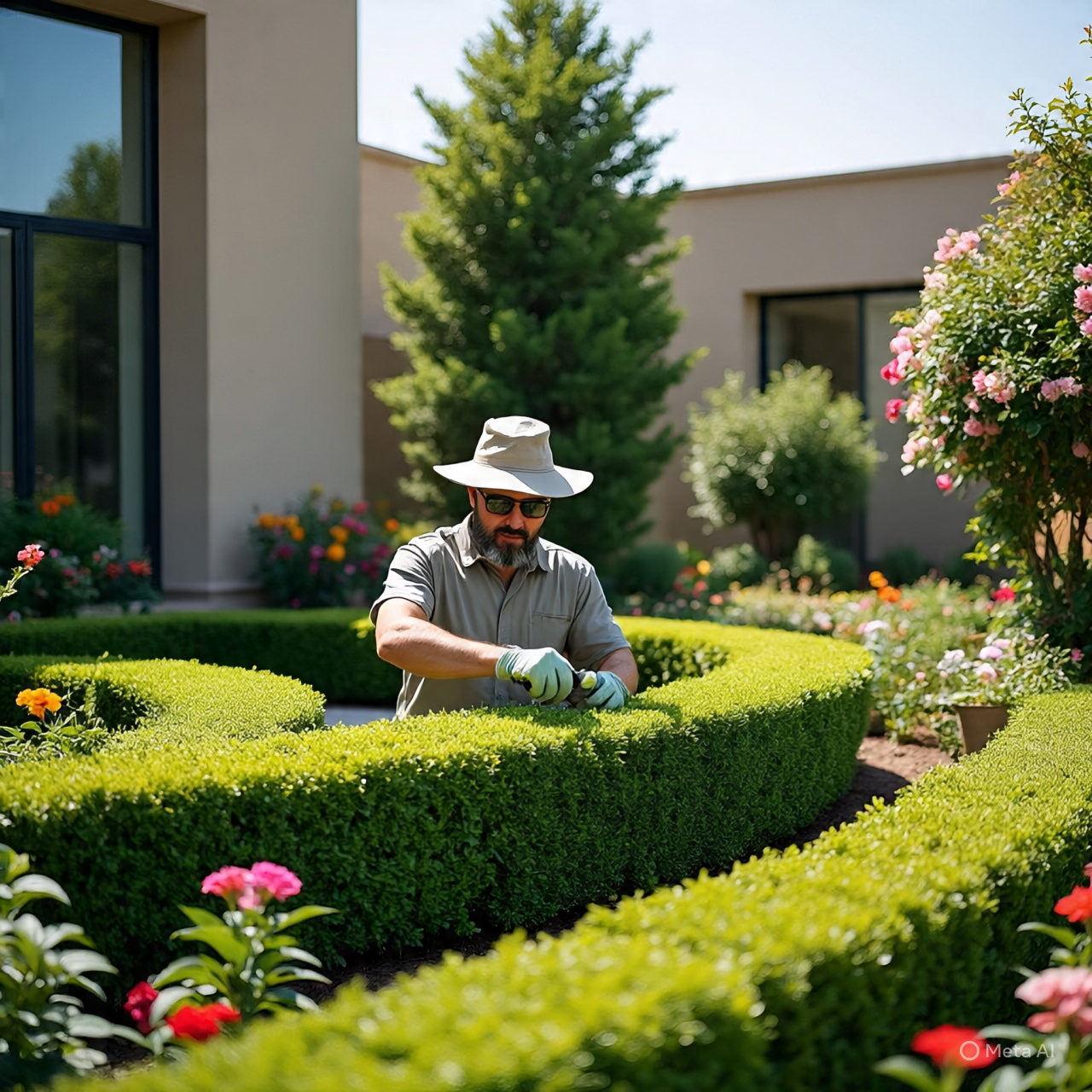Gardener providing landscaping care as part of a Dubai AMC.